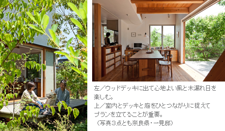 左／ウッドデッキに出て心地よい風と木漏れ日を楽しむ。上／室内とデッキと庭をひとつながりに捉えてプランを立てることが重要。（写真３点とも奈良県・一見邸）