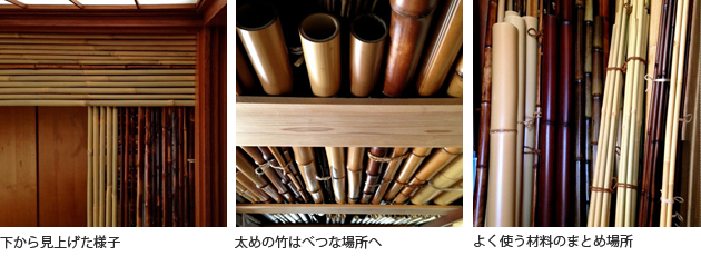 （左）下から見上げた様子（中央）太めの竹はべつな場所へ（右）よく使う材料のまとめ場所