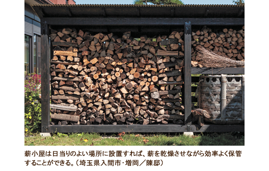 薪小屋は日当りのよい場所に設置すれば、薪を乾燥させながら効率よく保管することができる。（埼玉県入間市・増岡／陳邸）