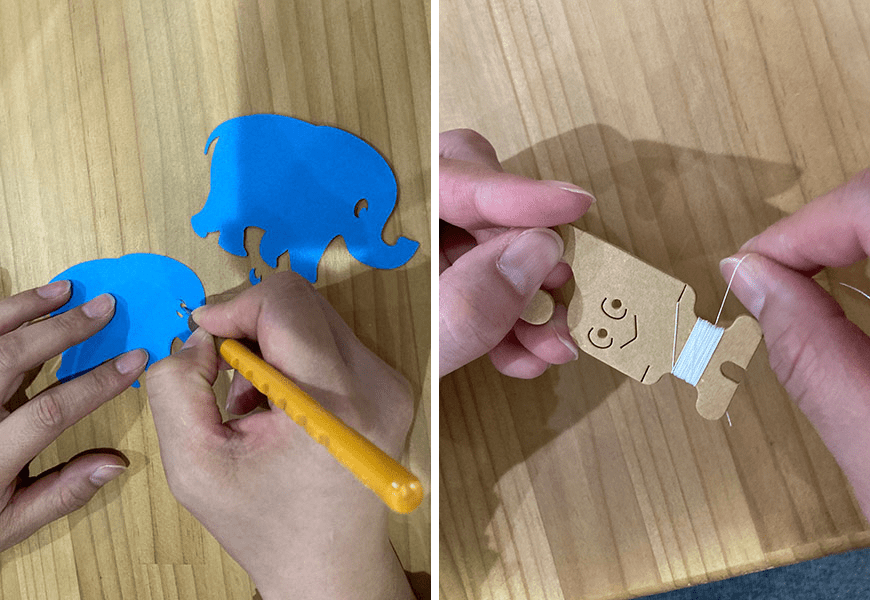 左)パーツの切り残しを手作業で抜く作業 右)持ち手(ハンドくん)の糸を巻く作業