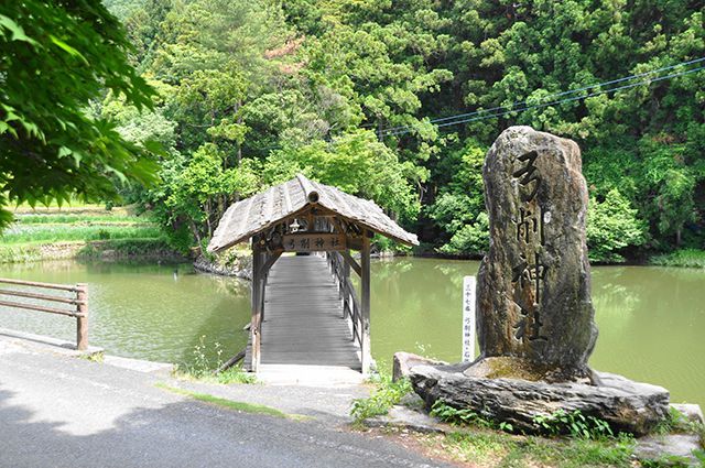 愛媛県内子町石畳「屋根付き橋と花菖蒲」