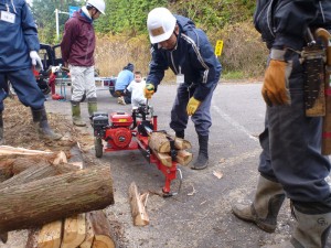 油圧式の薪割り機で楽々作業