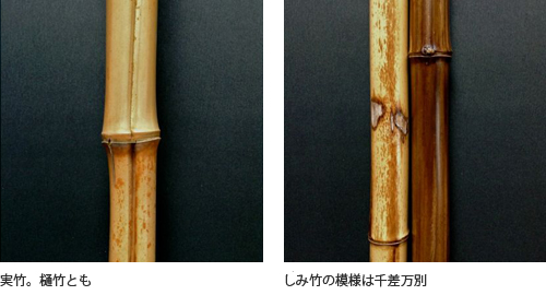 （左）実竹。樋竹とも（右）しみ竹の模様は千差万別