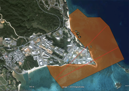 今回「はみあと」が発見された調査地点(○印)と埋め立て計画地 今回「はみあと」が発見された調査地点(○印)と埋め立て計画地