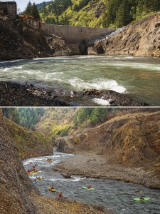 ホワイトサーモン川のダム撤去前（上）、撤去１年後に川下りをするカヌーイストたち（下）