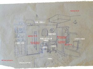 平面図のブループリントと初めのドローイング。