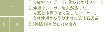 ①  沖縄のシーサー職人が造った赤瓦と沖縄漆喰で造ったシーサー。台は沖縄から取りよせた琉球石灰岩