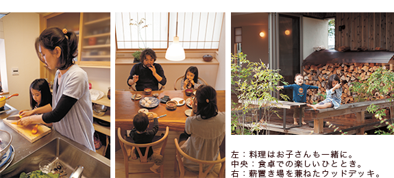 左:料理はお子さんも一緒に。中央:食卓での楽しいひととき。 右:薪置き場を兼ねたウッドデッキ。 左:料理はお子さんも一緒に。中央:食卓での楽しいひととき。 右:薪置き場を兼ねたウッドデッキ。