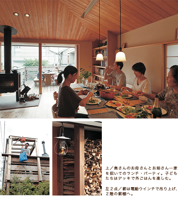 上/奥さんのお母さんとお姉さん一家を招いてのランチ・パーティ。子どもたちはデッキで外ごはんを楽しむ。 左2点/薪は電動ウインチで吊り上げ、2階の薪棚へ。 上/奥さんのお母さんとお姉さん一家を招いてのランチ・パーティ。子どもたちはデッキで外ごはんを楽しむ。 左2点/薪は電動ウインチで吊り上げ、2階の薪棚へ。