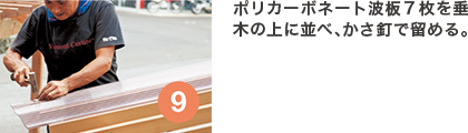 ポリカーボネート波板７枚を垂木の上に並べ、かさ釘で留める。