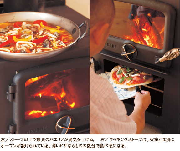 左／ストーブの上で魚貝のパエリアが湯気を上げる。 右／クッキングストーブは、火室とは別にオーブンが設けられている。薄いピザならものの数分で食べ頃になる。