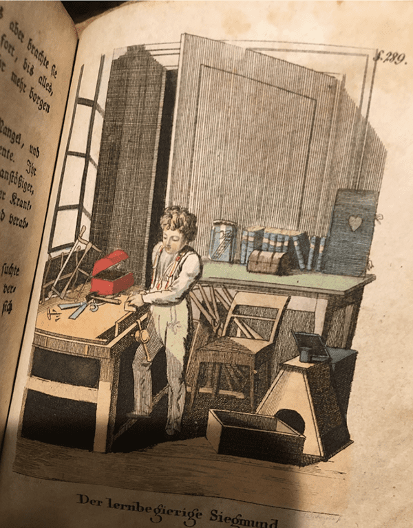 「熱心に学ぶジークムント」1812年にニュルンベルクで刊行された、知られざる小さな本の中の挿絵（ヨーハン・ハインリッヒ・マイニエ著『子どものための物語集』）