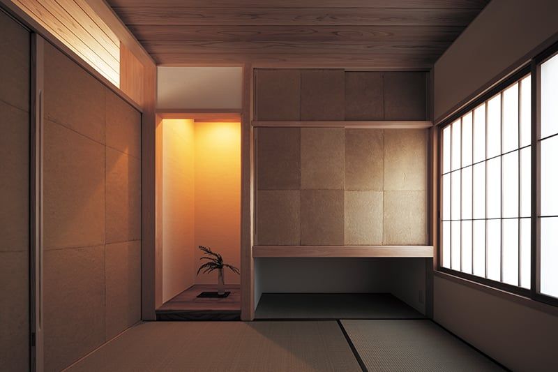 和モダンなしつらえの和室。建具や襖には草木染めの和紙を使用。